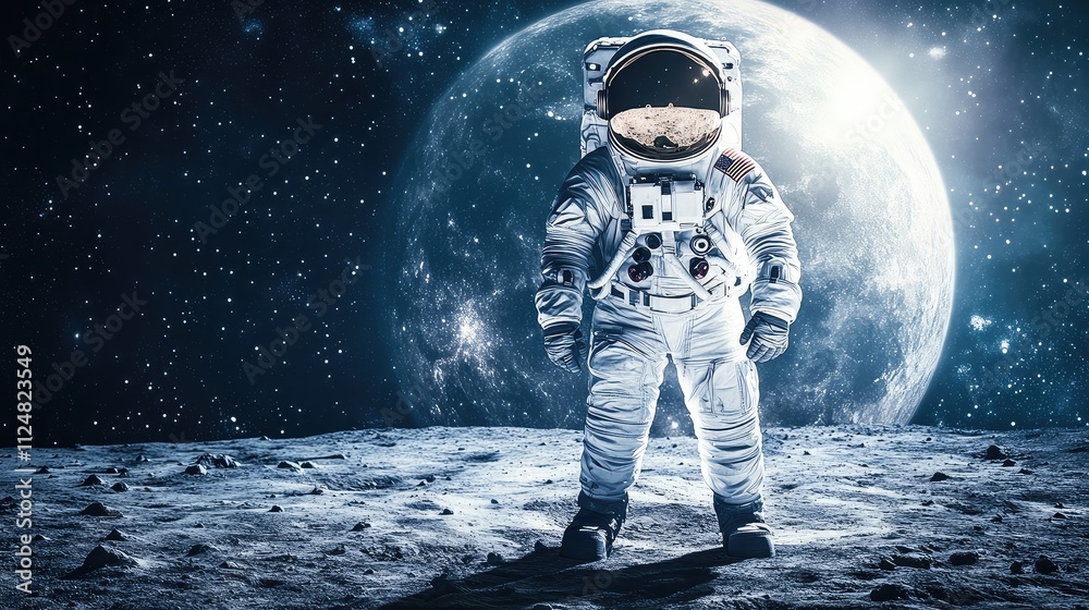 Obraz premium An astronaut surveys the Martian landscape, surrounded by stars, uncovering the wonders of another world