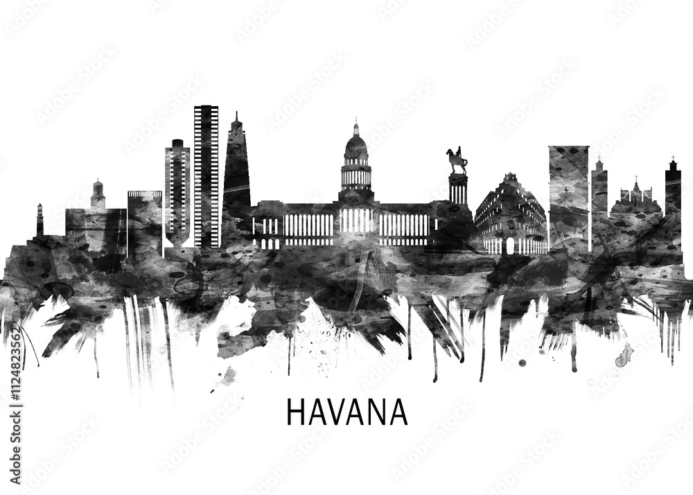 Naklejka premium Havana Cuba Skyline BW, city landscape banner district business print painting watercolor