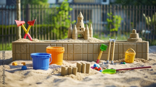 Wallpaper Mural A well-maintained sandbox with toys like shovels, buckets, and molds for building sandcastles. Torontodigital.ca