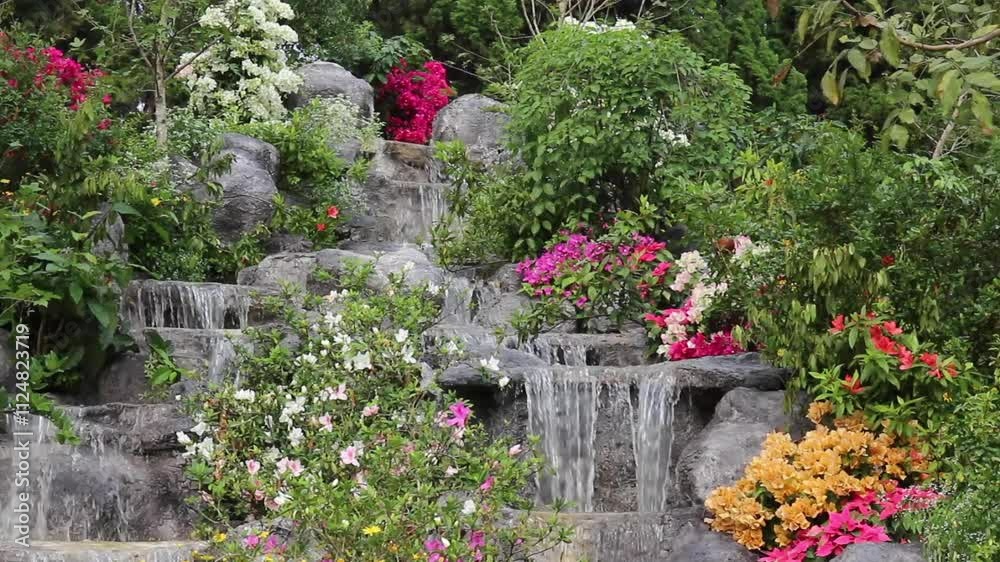 Beautiful landscaping with small pond and waterfall, stock footage