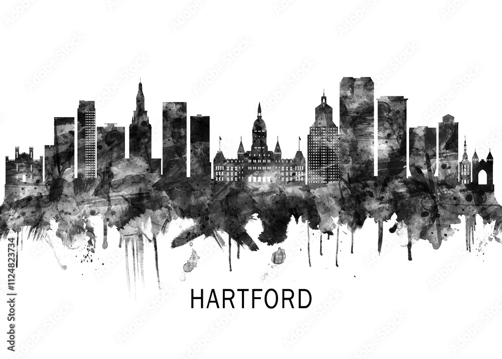 Hartford Connecticut Skyline BW, city landscape banner district business print painting watercolor