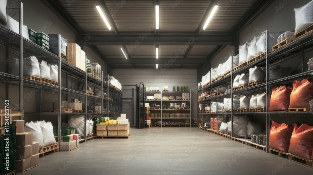 Warehouse interior showing organized shelving units stocked with bags of goods under overhead lighting Warehouse interior showing organized shelving units stocked with bags of goods under overhead lighting