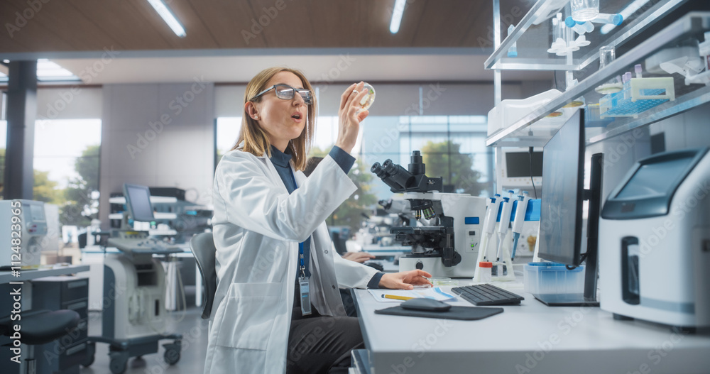 Modern Research and Development Laboratory in a Medical Center. Caucasian Female Researcher Getting Excited while Looking at Experimental Samples Inside a Petri Dish