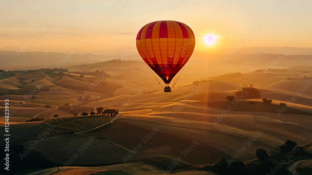 Hot Air Balloon Sunrise Over Rolling Hills Landscape Hot Air Balloon Sunrise Over Rolling Hills Landscape