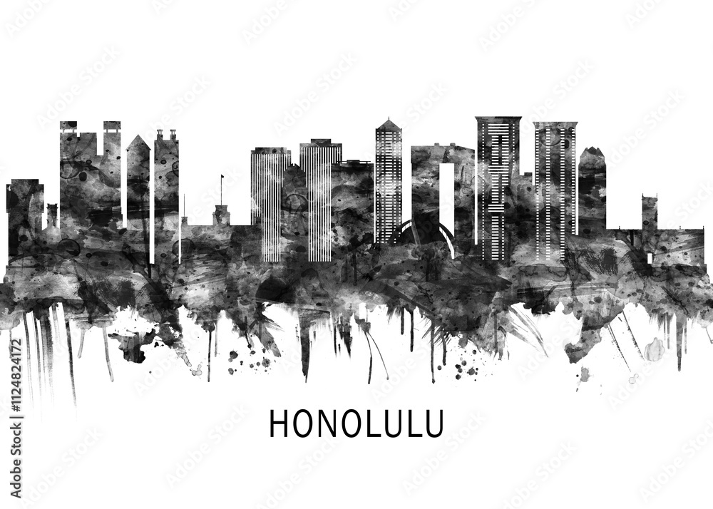 Fototapeta premium Honolulu Hawaii Skyline BW, city landscape banner district business print painting watercolor