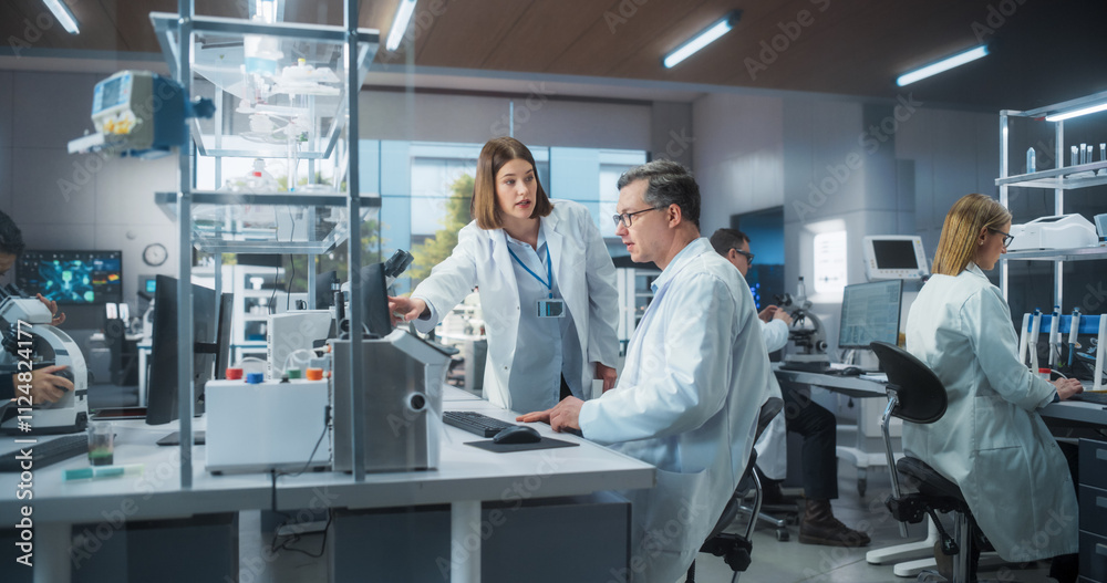 Two Scientists Discussing Latest Bioengineering Discoveries and Sharing Research Data on Vaccine Efficacy. Diverse Male and Female Colleagues Working in a Modern Medical Research Center Two Scientists Discussing Latest Bioengineering Discoveries and Sharing Research Data on Vaccine Efficacy. Diverse Male and Female Colleagues Working in a Modern Medical Research Center