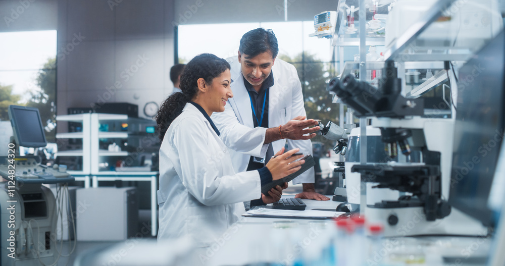 Indian Male Medical Supervisor Having a Conversation with a Hispanic Female Scientist About a Gene Editing Research Project, Technology and Experiments. Smart Diverse Team Working in a Laboratory Indian Male Medical Supervisor Having a Conversation with a Hispanic Female Scientist About a Gene Editing Research Project, Technology and Experiments. Smart Diverse Team Working in a Laboratory