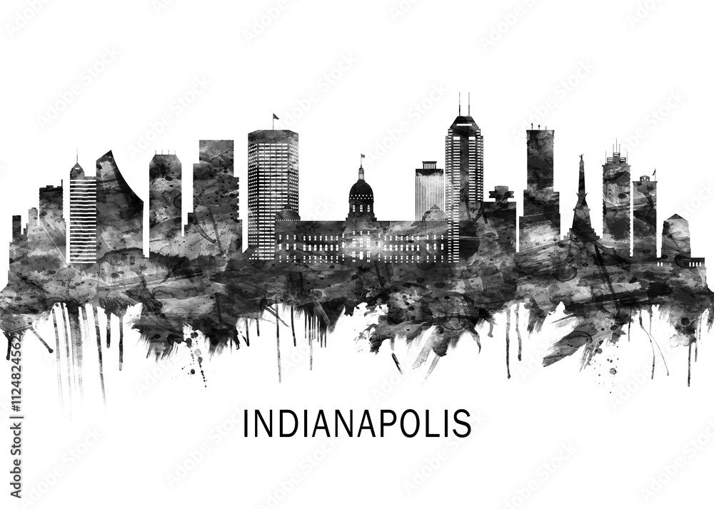 Indianapolis Indiana Skyline BW, city landscape banner district business print painting watercolor