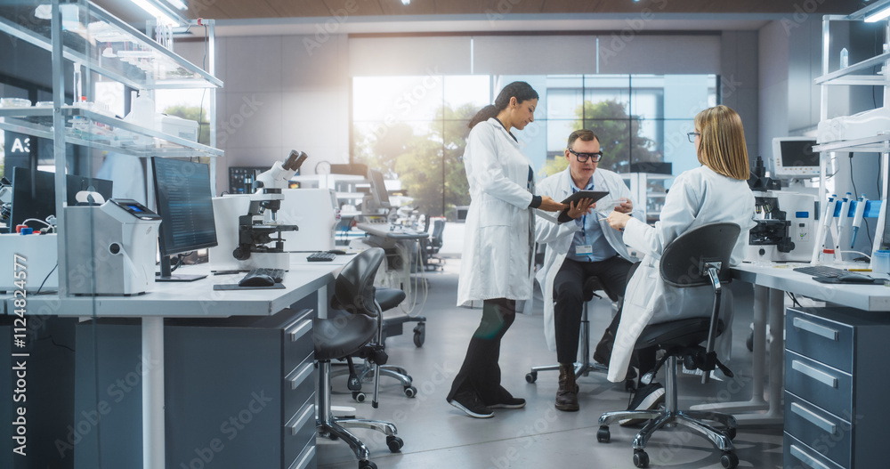 Female Research Scientist Having a Conversation with Two Bioengineers About the Effects of Different Pharmaceutical Drugs. Employees Looking at an Online Report in a Modern Science Laboratory Female Research Scientist Having a Conversation with Two Bioengineers About the Effects of Different Pharmaceutical Drugs. Employees Looking at an Online Report in a Modern Science Laboratory