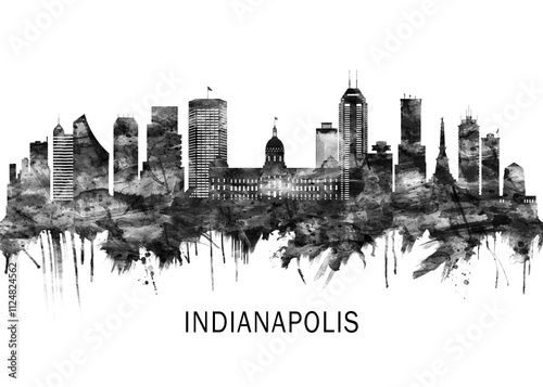 Obraz na płótnie Indianapolis Indiana Skyline BW, city landscape banner district business print painting watercolor w salonie