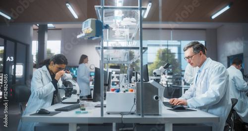 Multiethnic Biotechnologists Studying Genetic Samples Under a Microscope and Researching Data on Computer in Order to Develop New Medical Products. Group of Scientists Working in a Laboratory photo