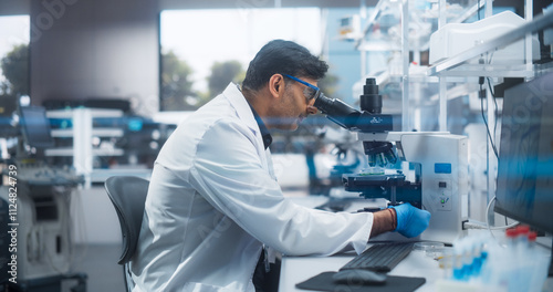 Molecular Biology Research Scientist Looking at a DNA Sample Under a Microscope in an Applied Science Laboratory. Portrait of an Adult Lab Engineer in White Coat Working on Vaccine and Medicine