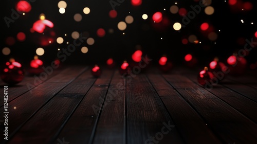 Festive red Christmas ornaments on a wooden floor with warm bokeh lights in the background. Perfect for holiday-themed designs and seasonal decorations.