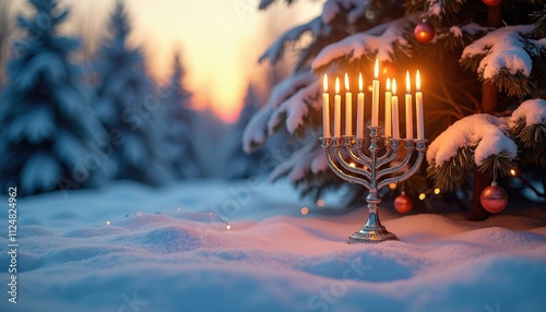 Scenic Winter Setting with Hanukkah Candles Glowing in the Snow. photo