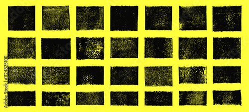 Linocut vector relief printing small rectangle shapes, wide stripes rough textures set. Paint roller stains, lino ink grunge geometric text box templates. Artistic linocutting textured backgrounds