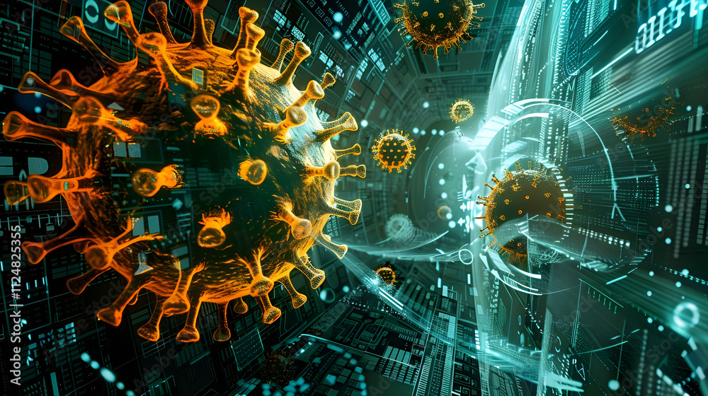 Digital rendering of virus particles moving through a circuit board, representing digital infection. Digital rendering of virus particles moving through a circuit board, representing digital infection.