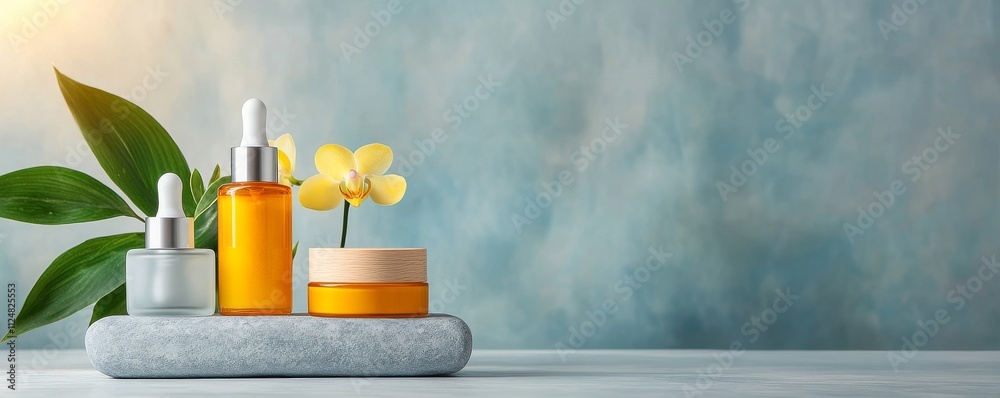 Bottles of skincare products with flowers on a textured background. Bottles of skincare products with flowers on a textured background.