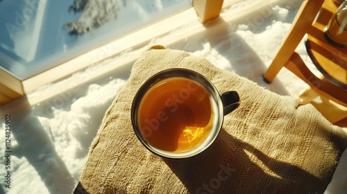 Sunlit cup of tea resting on cushioned bench snow. photo