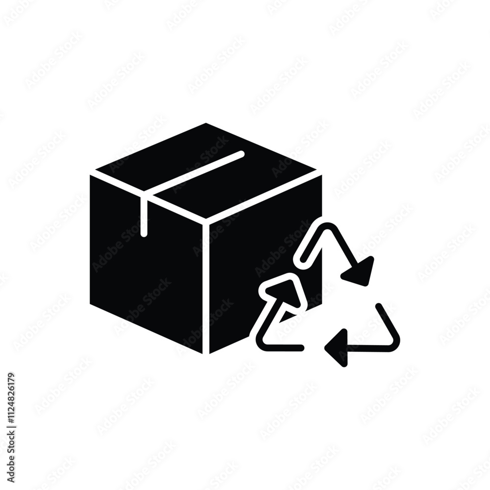 Recycled product packaging icon. Simple solid style. Recycle triangle, cardboard box, seal, cycle, packaging, environmental concept. Black silhouette, glyph symbol. Vector illustration isolated. Recycled product packaging icon. Simple solid style. Recycle triangle, cardboard box, seal, cycle, packaging, environmental concept. Black silhouette, glyph symbol. Vector illustration isolated.