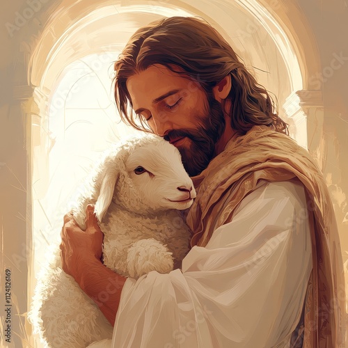 Jesus holding lamb in serene pastoral scene