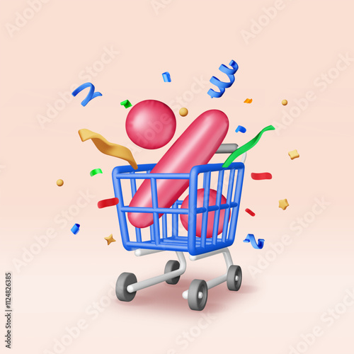 3D shopping cart with percentage symbol and confetti isolated. Render realistic shopping cart and colorful confetti around. Sale, discount or clearance. Online or retail shopping. Vector illustration