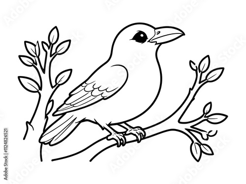 Adorable Bird on Branch: A Coloring Page Illustration photo