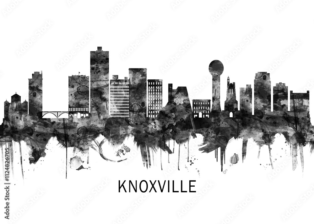 Obraz premium Knoxville Tennessee Skyline BW, city landscape banner district business print painting watercolor
