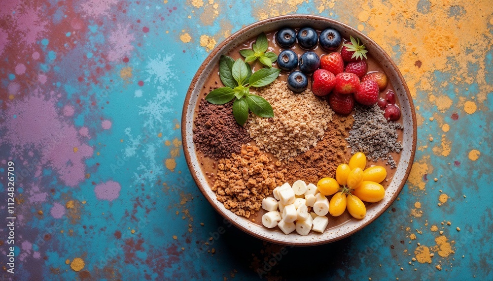 Colorful smoothie bowl with fruits and granola, healthy mood on a vibrant background Colorful smoothie bowl with fruits and granola, healthy mood on a vibrant background