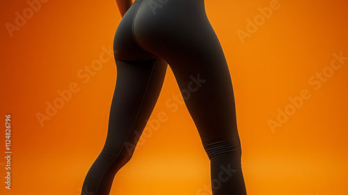 Realistic photograph of a woman wearing black sport leggings against an orange background, capturing the contrast and dynamic energy of the outfit and setting