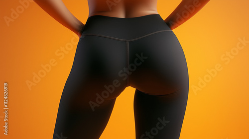 Realistic photograph of a woman wearing black sport leggings against an orange background, capturing the contrast and dynamic energy of the outfit and setting