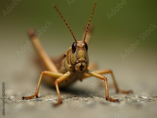 A macro image of a grasshopper captured in a dynamic pose, raising its front legs and facing slightly angled. The shot highlights intricate details of its face, antennae, and legs. photo