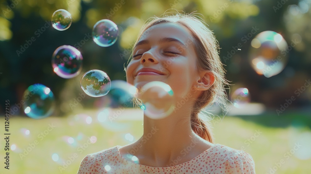 Adorable happy cute girl playful foam bubbles in green playground in summer outdoors. Funny Cheerful girl in the park happiness times. Bubbles blowing soap playful in nature park.