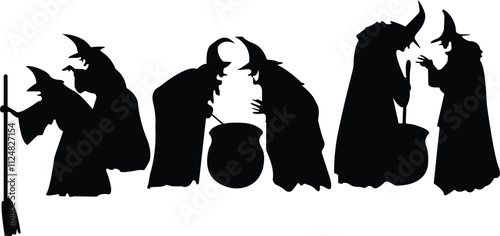 Ghosts are performing witchcraft in black costume,Black magic silhouette ,silhouette of halloween people in halloween costume collection