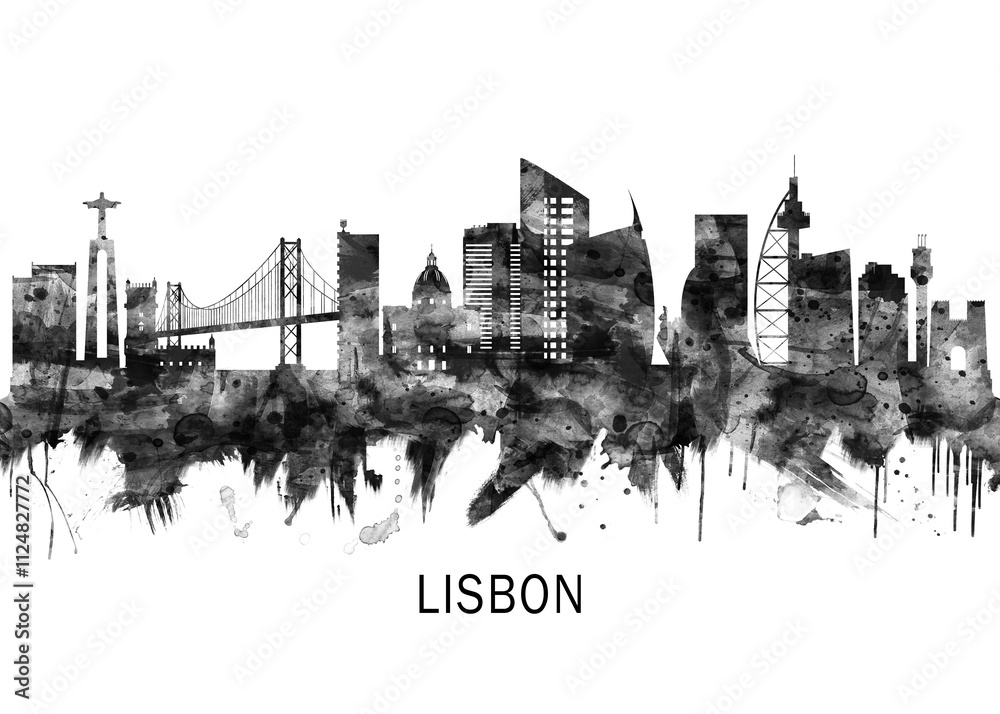 Obraz premium Lisbon Portugal Skyline BW, city landscape banner district business print painting watercolor