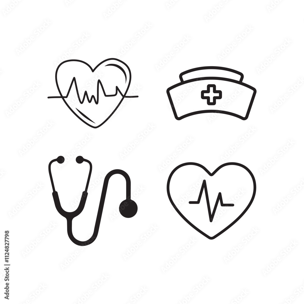 Healthcare Icons, Heartbeat, Nurse, and Stethoscope Line Art Illustration. Healthcare Icons, Heartbeat, Nurse, and Stethoscope Line Art Illustration.