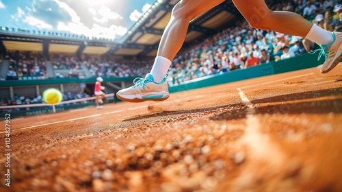 A person's legs in motion On a tennis court captured from a Iow angle and in sharp focus with a blurred background featuring Spectators in the stands. photo