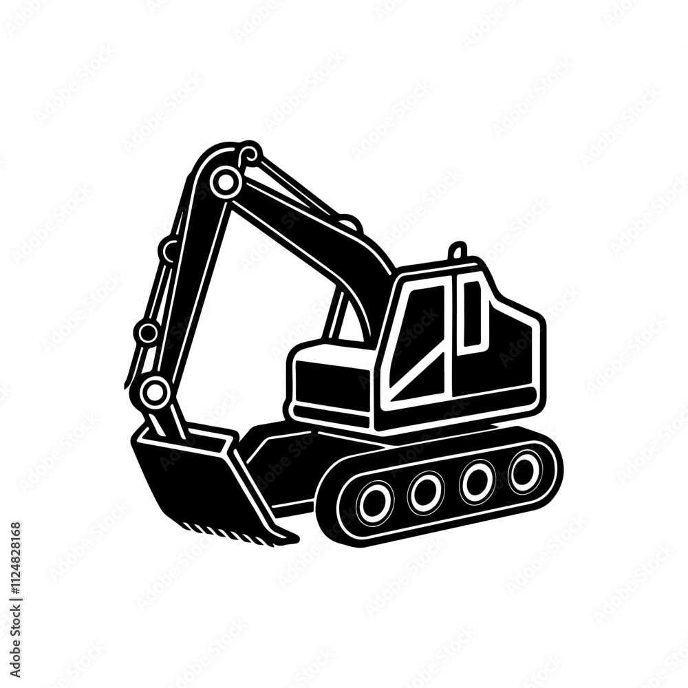 Naklejka premium Construction excavator silhouette, black and white silhouette, vector and illustration