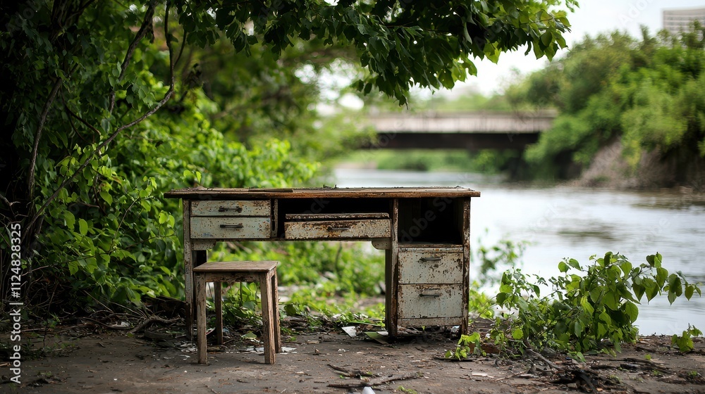 Abandoned desk and chair near overgrown riverbank in tranquil green environment Abandoned desk and chair near overgrown riverbank in tranquil green environment