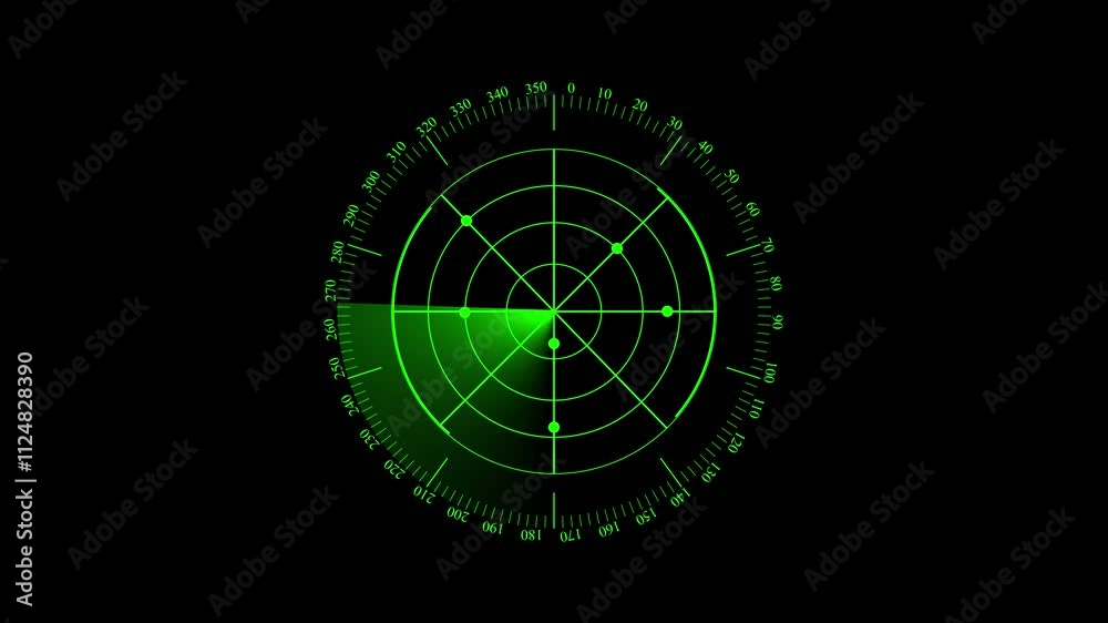 Sonar radar. Glow green background with navigation radar. Animation on the moving navigation radar screen.