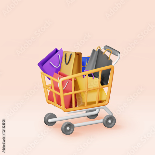 3D shopping or gift bag in shopping cart isolated. Render collection realistic gift bag. Sale, discount or clearance concept. Online or retail shopping symbol. Fashion handbag. Vector illustration