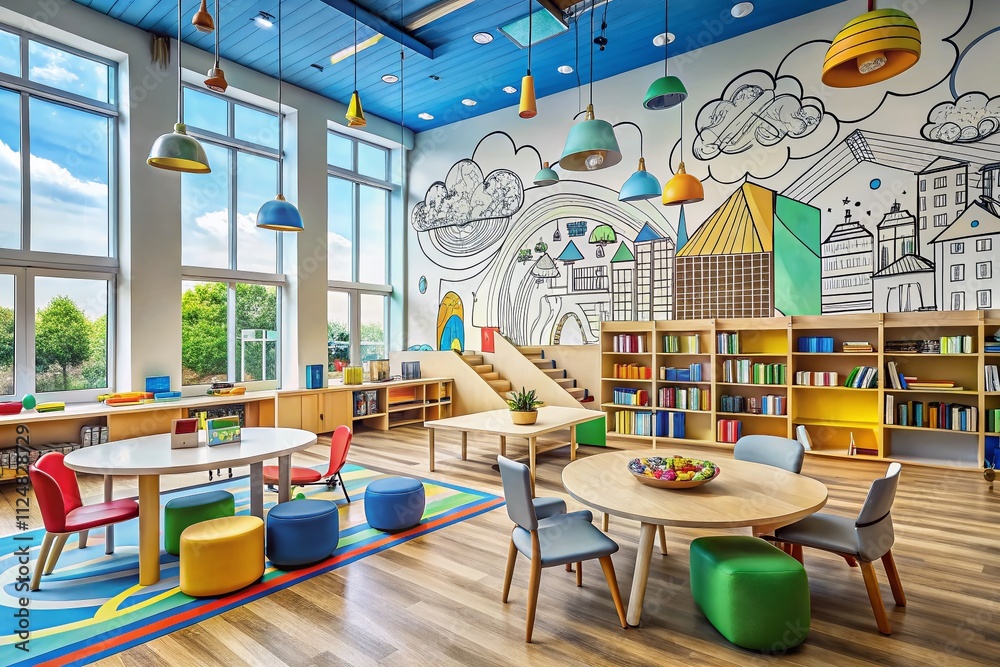 Fototapeta premium Captivating Architectural Photography Featuring Hand-Drawn Education Doodles and Icons in a Creative Learning Environment