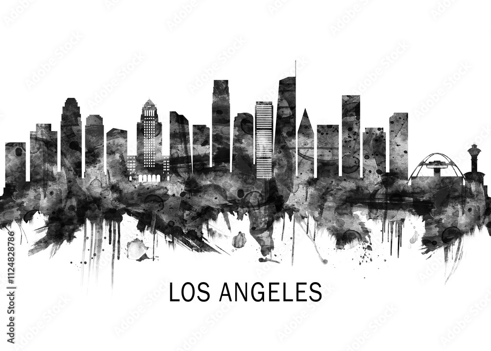 Los Angeles California Skyline BW, city landscape banner district business print painting watercolor