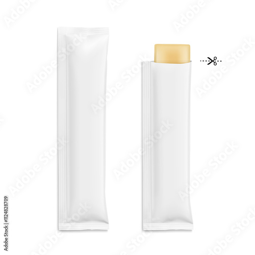 Blank stick package bag mockups set with samples. Front  view. Vector illustration isolated on white background. Can be use for template your design, presentation, promo, ad. EPS10.