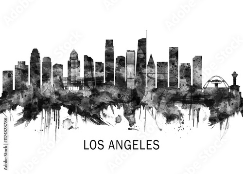 Obraz na płótnie Los Angeles California Skyline BW, city landscape banner district business print painting watercolor w salonie