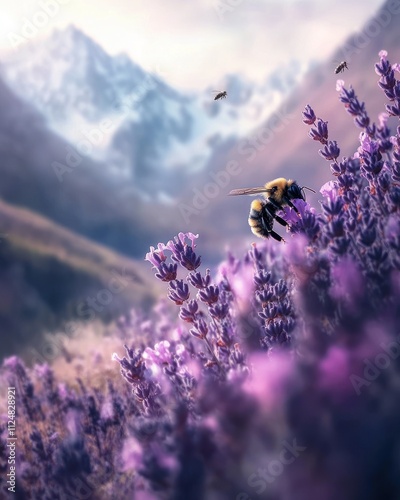 Mountain background with bee on lavender flower. photo