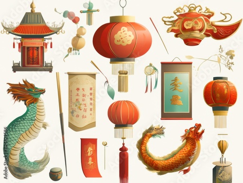 Generative AI Celebrates Lunar New Year Wealth & Fortune Shopping Red Background Cartoon Style