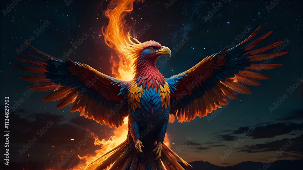 A majestic phoenix bursting into flames, its wings outlined in neon red, yellow, and blue against a starry night sky. A majestic phoenix bursting into flames, its wings outlined in neon red, yellow, and blue against a starry night sky.