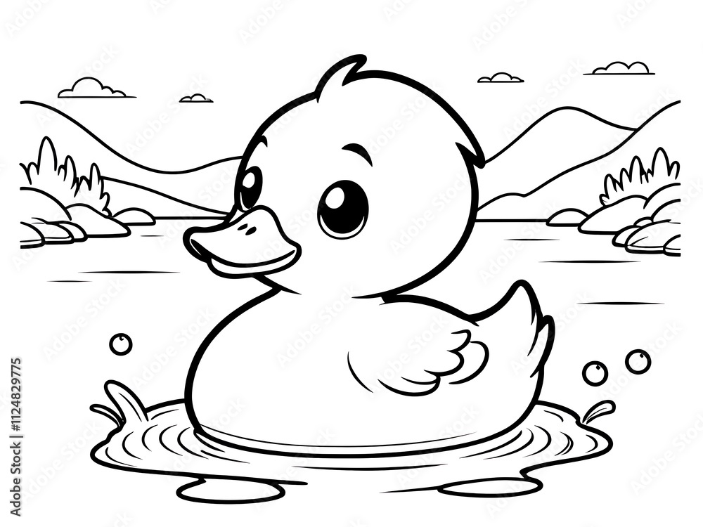 Fototapeta premium Adorable Duckling in a Serene Lake: A Coloring Page