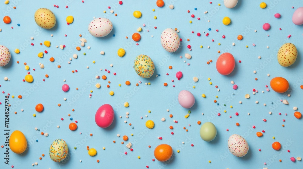 Flat lay of colorful Easter eggs and scattered sprinkles on a light blue background with space for text Flat lay of colorful Easter eggs and scattered sprinkles on a light blue background with space for text