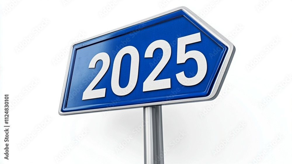 A 3D rendering of a white background with a blue street sign arrow, designed for the year 2025.
A 3D rendering of a white background with a blue street sign arrow, designed for the year 2025.